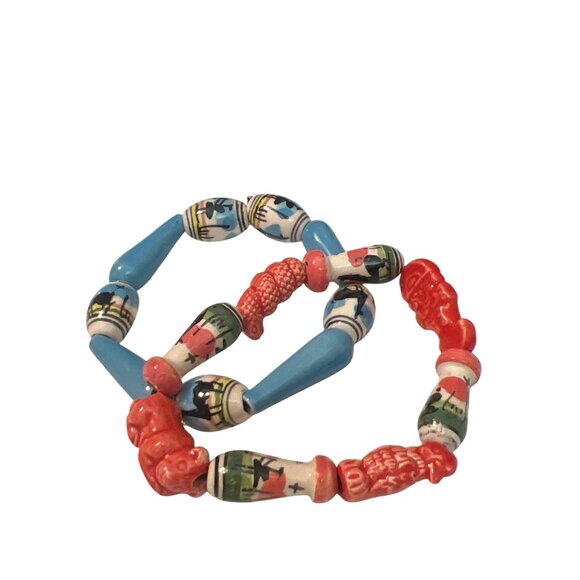 Vintage Ceramic Painted Bead Stretch Bracelets Set Of 2 Handpainted - Picture 1 of 5
